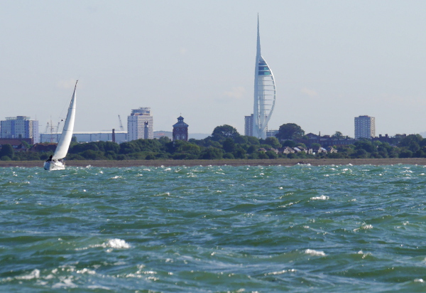 Spinnaker Tower seen over a choppy Solent